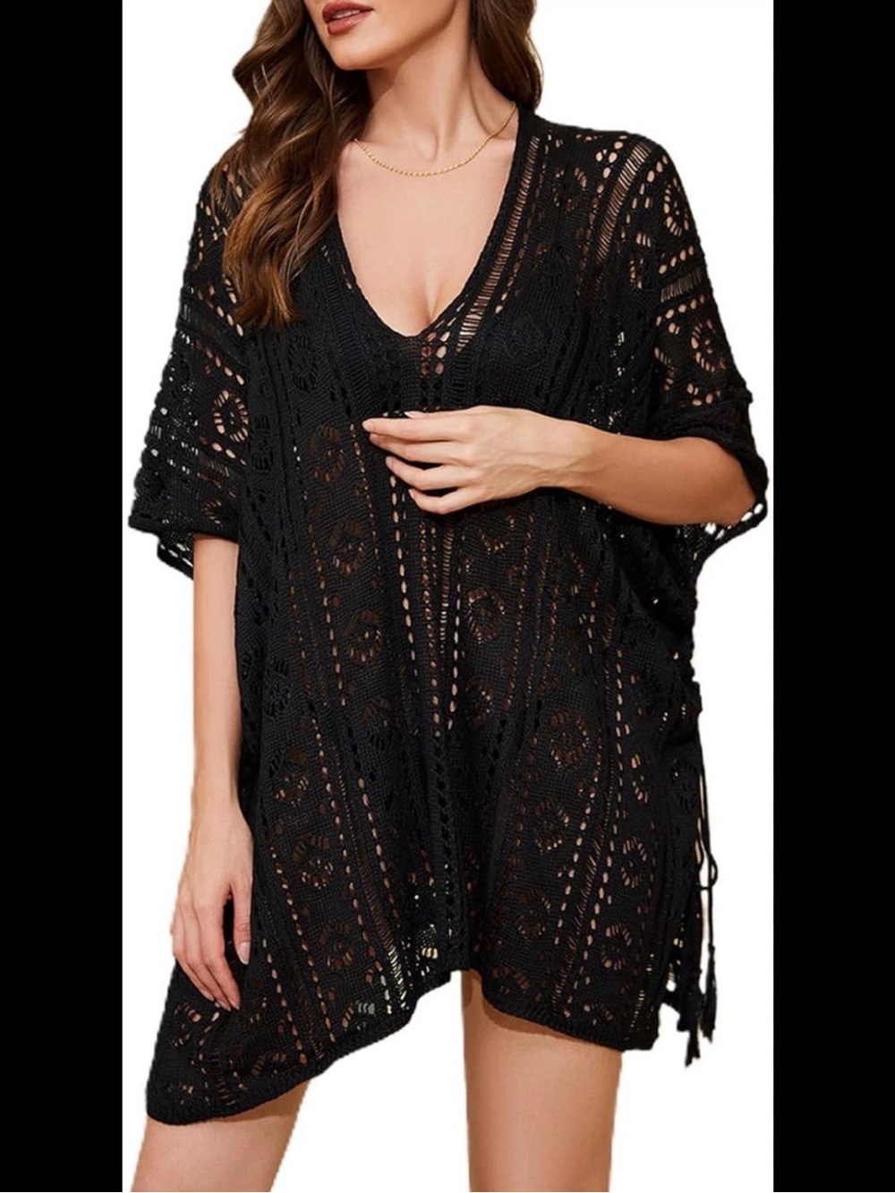 Black Crochet Swim Cover-Up one size fits S-XL drawstring on side v-neck knit